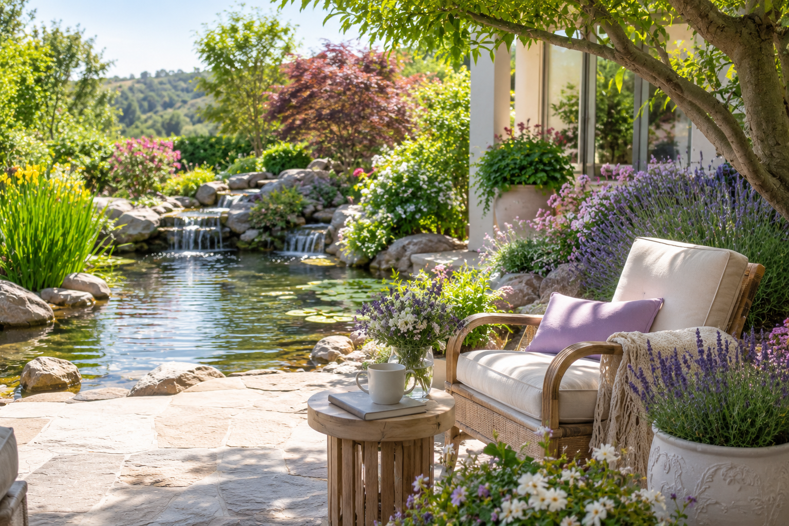 patio by water feature